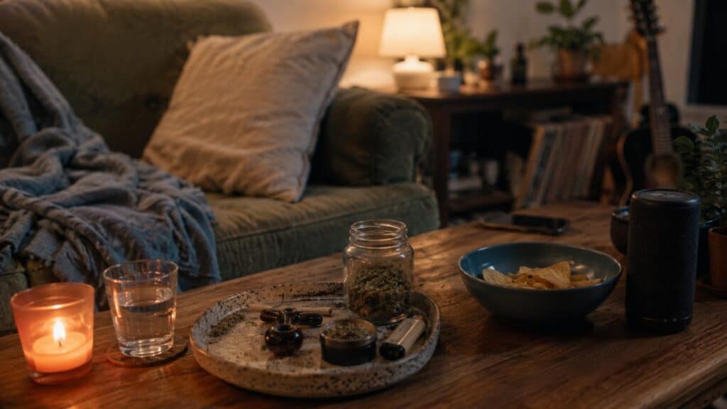 Cannabis rituals shown through a relaxed smoking environment with music, snacks, water, and a comfortable chair