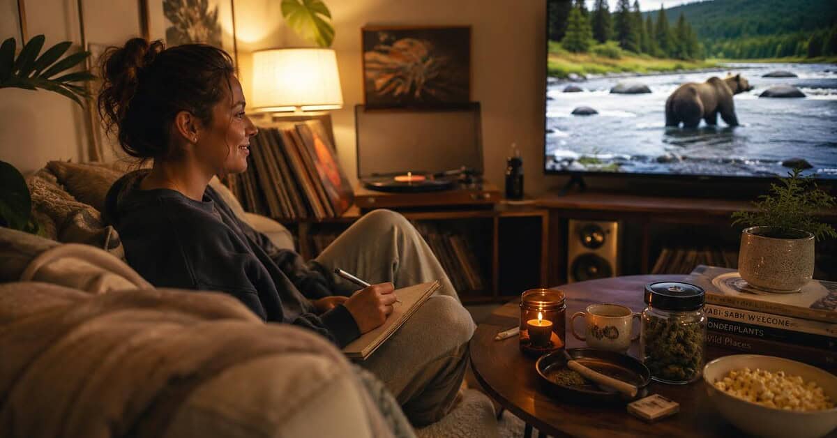 Activities while high shown through a relaxed adult enjoying music, snacks, and a cozy nighttime living room