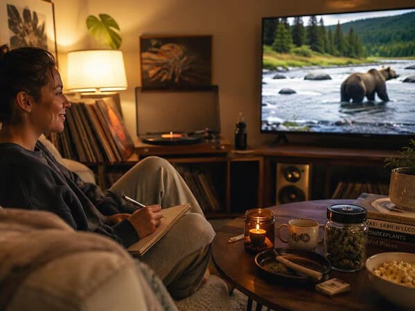 Activities while high shown through a relaxed adult enjoying music, snacks, and a cozy nighttime living room