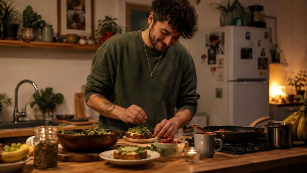 Activities while high featuring an adult preparing a simple comfort meal in a cozy kitchen