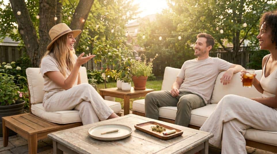 Three adults enjoying relaxed backyard conversation with flower and a joint on the table during summer