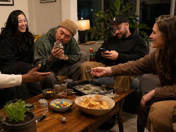 Types of cannabis smokers hanging out together in a relaxed friend group setting