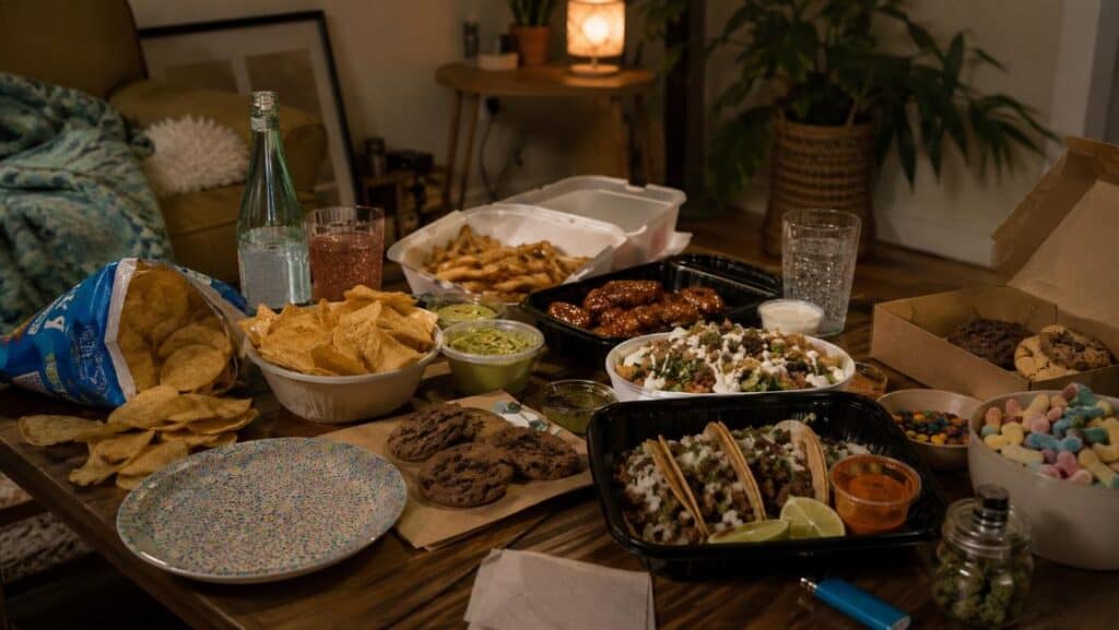 shopping while high snack order with cannabis munchies and funny food spread