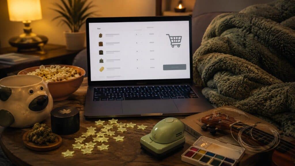 online shopping while high with funny impulse purchases and late-night cannabis vibe