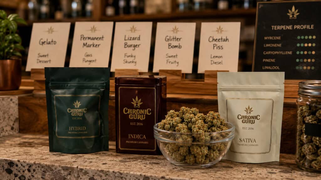 comparison of cannabis strain names showing classic weed strain names beside modern funny strain names in a dispensary setting