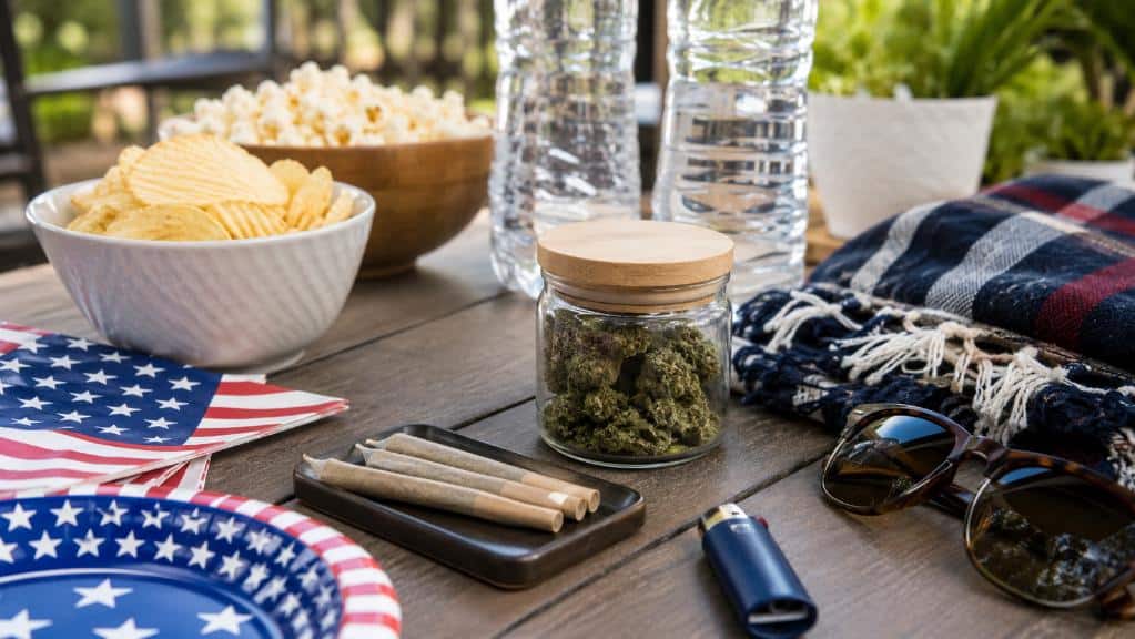 Fourth of July cannabis session setup with water, snacks, lighter, and legal cannabis products on an outdoor table