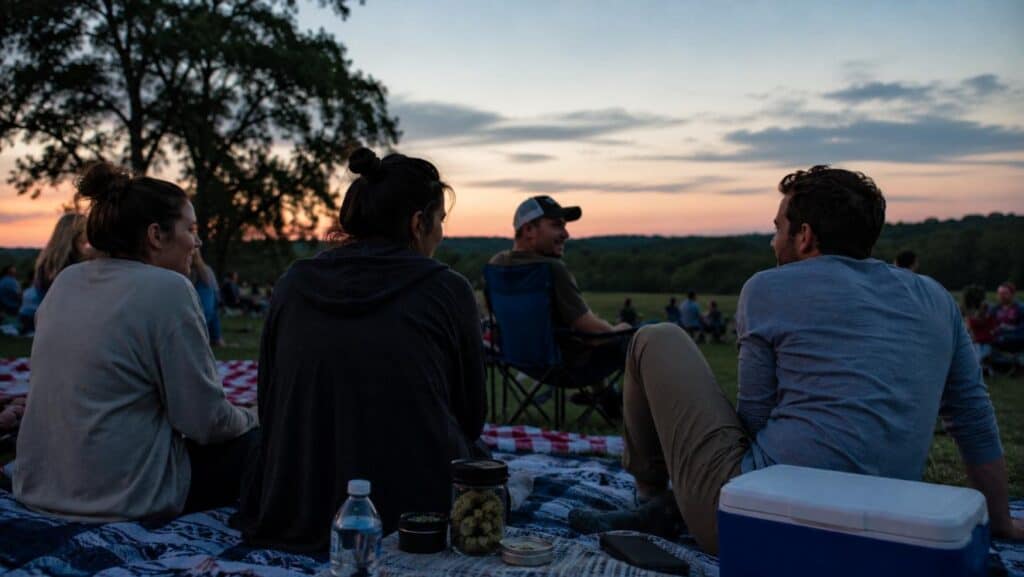 Adult friends sitting on blankets before fireworks with snacks, drinks, and a subtle cannabis setup nearby