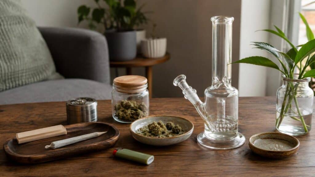 A realistic cannabis setup featuring a rolled joint and a glass bong side by side on a table