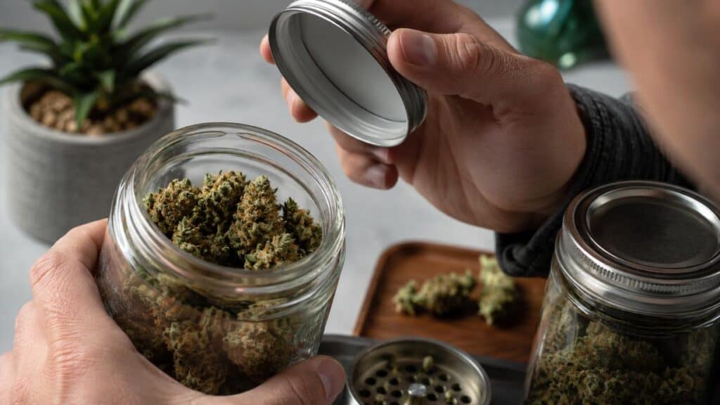 Adult hand opening a cannabis jar to check aroma and freshness while evaluating flower quality.