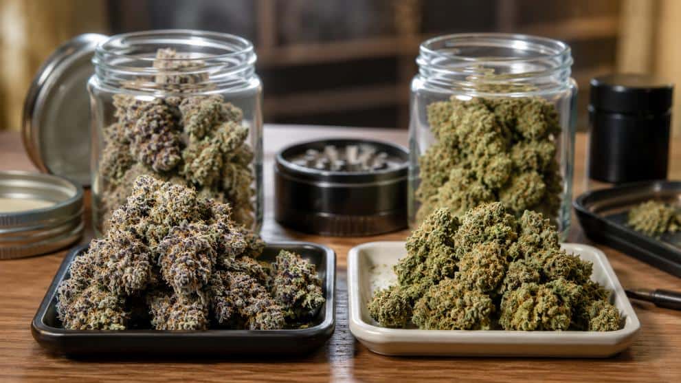 Side-by-side cannabis flower comparison showing that less flashy buds can still deliver great quality.