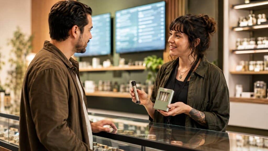 An adult dispensary customer compares a single pre-roll and multipack with help from a budtender.