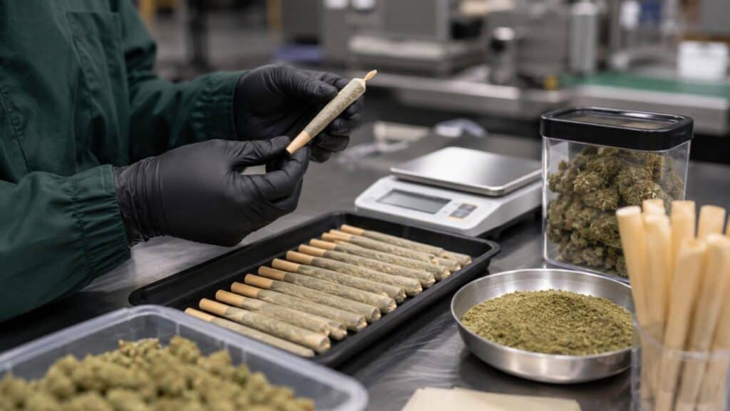 A cannabis production worker checks pre-roll fill consistency at a clean quality-control station.