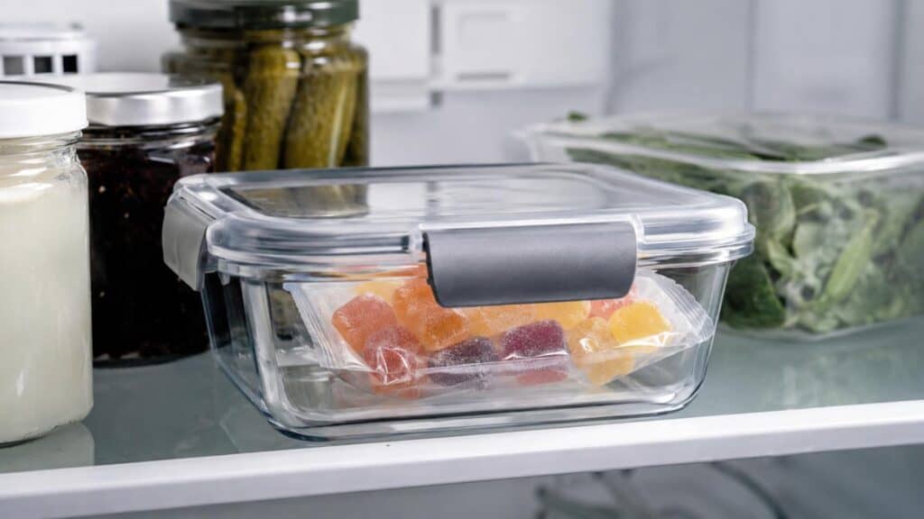 Sealed THC gummies stored inside an airtight container on a refrigerator shelf to prevent melting in summer heat