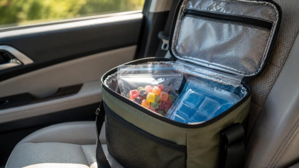 Small insulated travel bag with sealed THC gummies and a cool pack, showing how to keep edibles from melting on the go