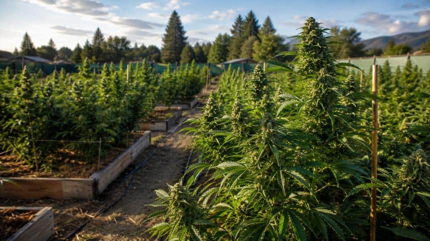 outdoor cannabis plants growing under natural sunlight in a clean farm setting.