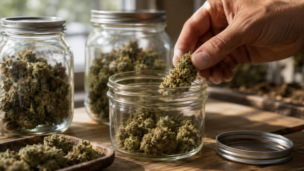 cannabis flower being cured in glass jars to preserve aroma and flavor.